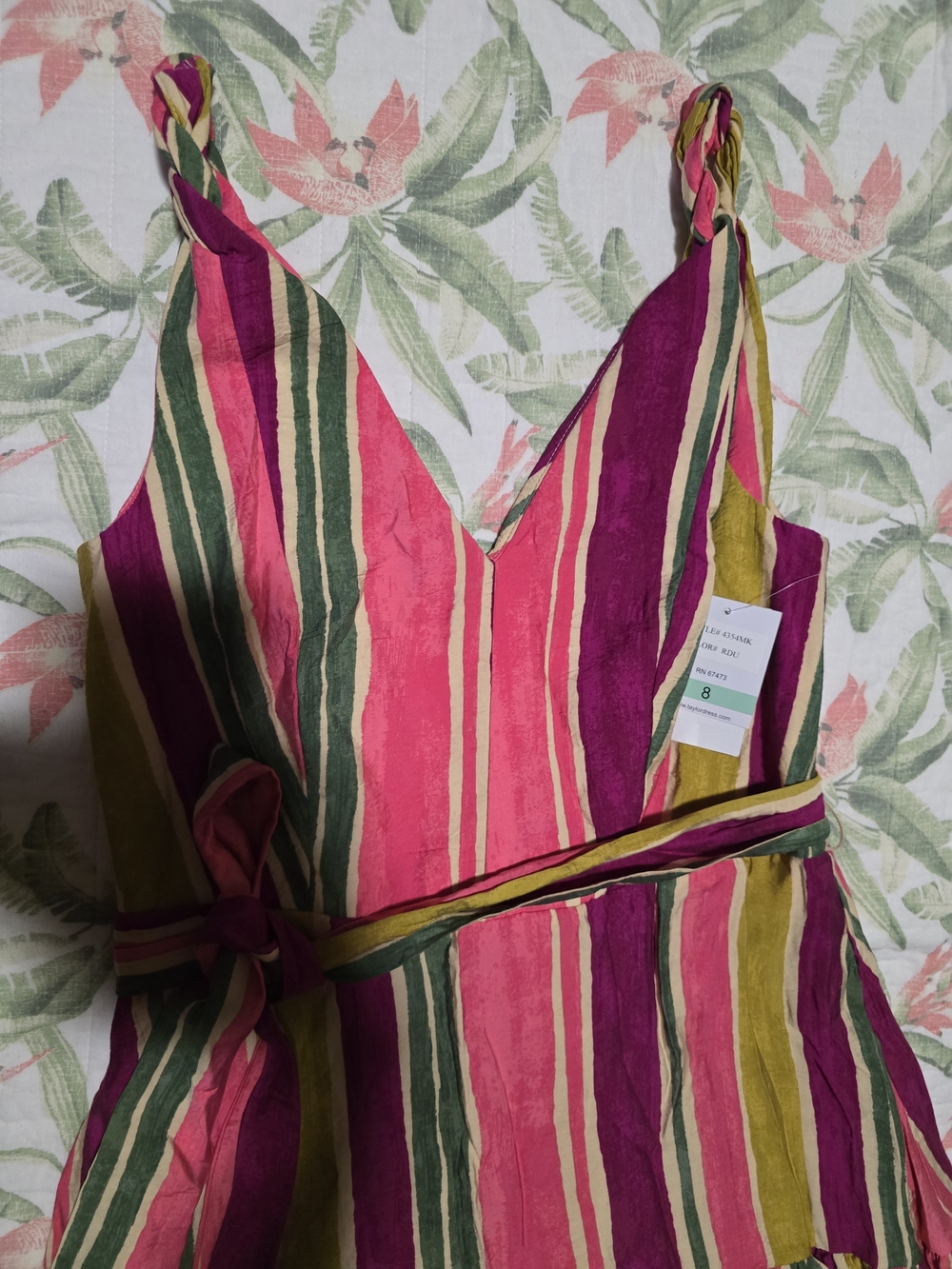Taylor Pink, Green & Yellow Striped Tiered Maxi Dress with Waist Tie - Picture 5 of 12
